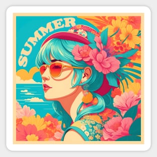 vintage pop-art Summer girl on flower beach Sticker